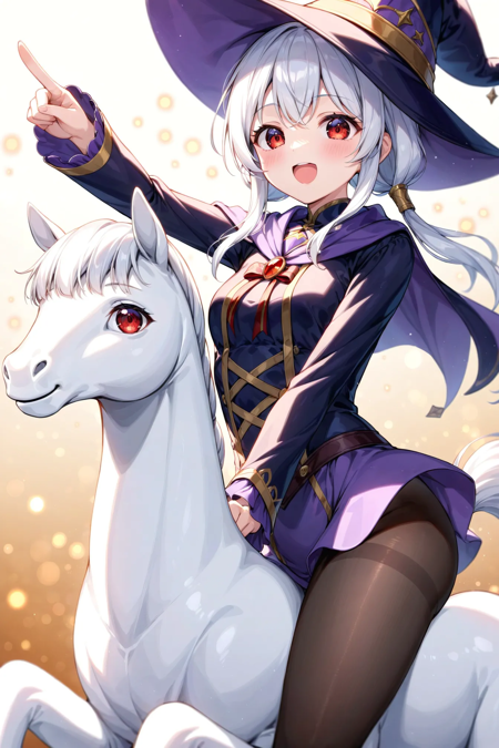 02132-2759303082-cute, 1girl, close-up, wizard hat, pointing, (riding  mini white horse_1.3), white hair, red eyes, pantyhose, g.webp